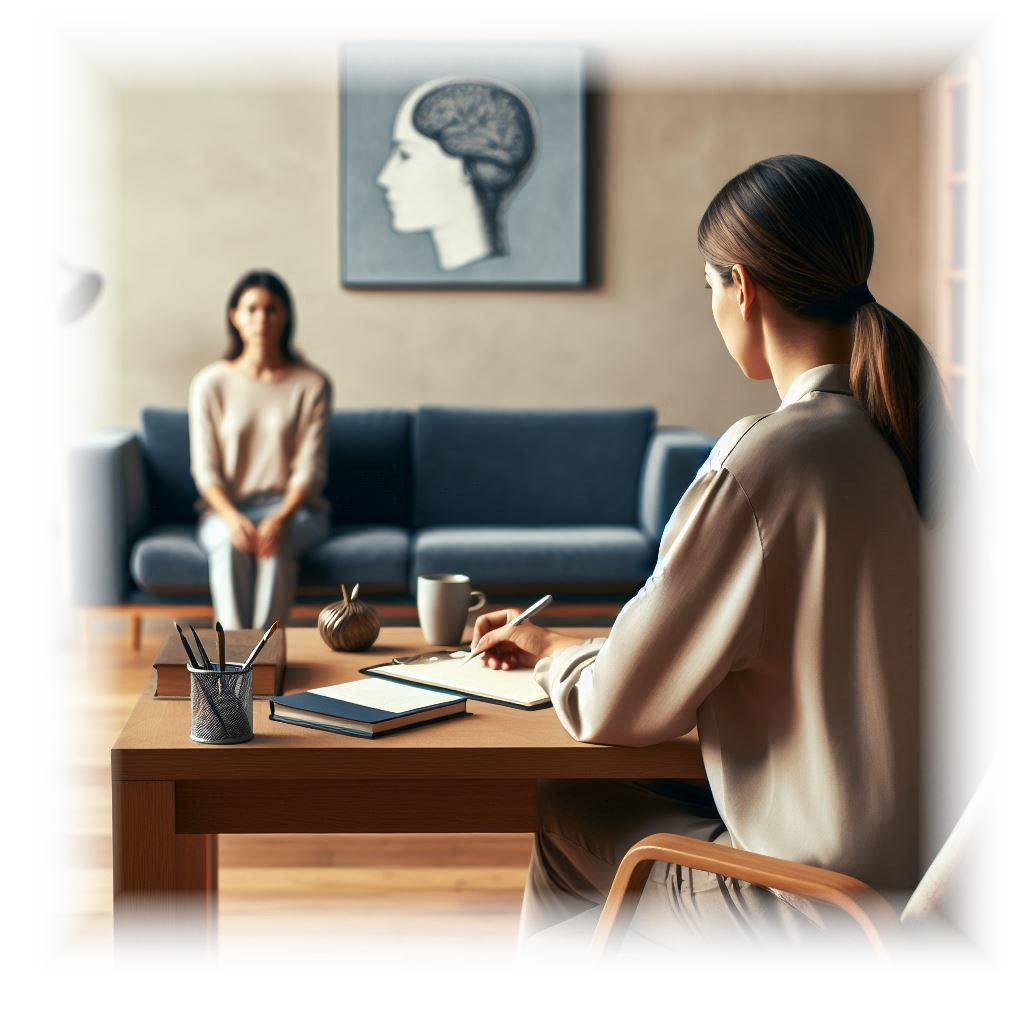 Foto, Atendimento psicológico, psicóloga de costas sentada em uma mesa realizando anotações com paciente ao fundo sentada em um sofá
